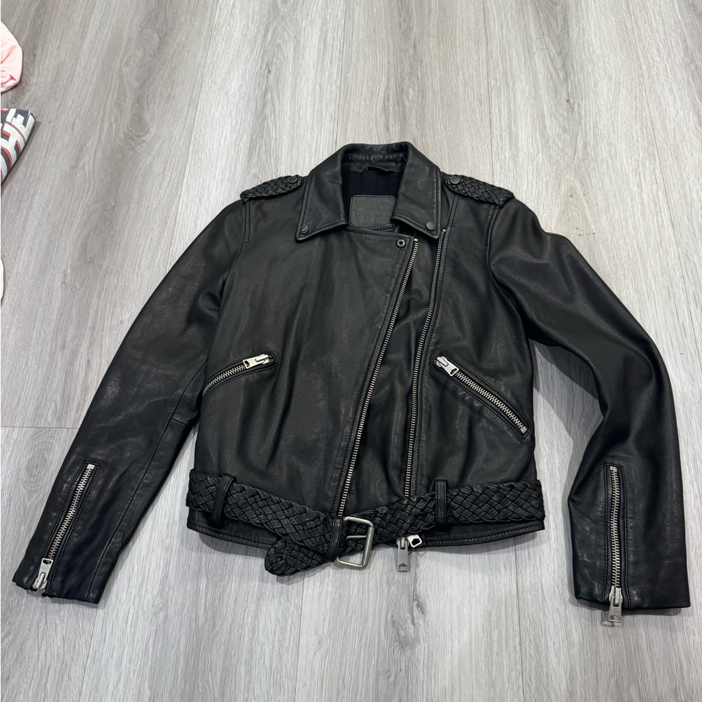 All Saints Black Leather Moto Jacket With Asymmetrical Zipper